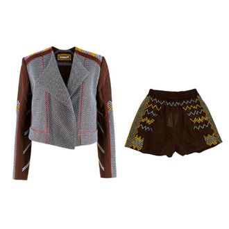 Rue Mariscal Brown Fully Embroidered Biker Jacket & Boxer Shorts Size XS
