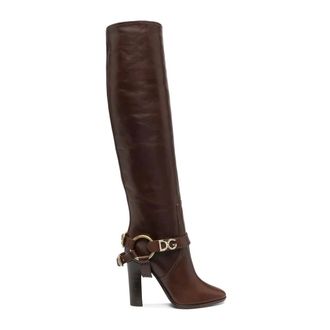 Dolce & Gabbana Schoenen, Dames, Bruin, 36 EU, Leer, Leren Knielaarzen met Gouden Detail