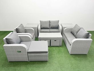 Fimous 9 Seater Outdoor Reclining Chair Love Sofa Set Rattan Garden Furniture Set with Oblong Coffee Table 3 Stools 2 Side Table Light Grey