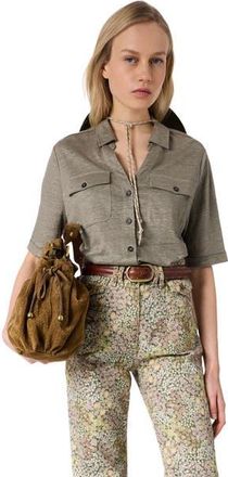 Gerard Darel Moana Open Collar Linen Shirt in Medium Khaki at Nordstrom, Size X-Large/xx-Large