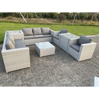 Fimous Light Grey Outdoor pe Rattan Garden Furniture Set Wicker Sofa Set Square Coffee Table 2 Armchair Side Table - Fimous