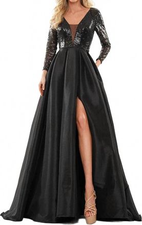 Colors Dress Sequined Top Pleated A-Line Slit Gown In Black