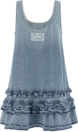 Ganni Organic Cotton Denim with Ruffled Hem Dress - blue