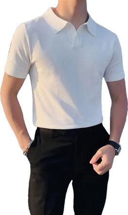 Generic Mens Knitted V-Neck Slim Polo Shirts Streetwear Short Sleeve Business Tops White M