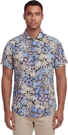 Lords of Harlech Rough Floral Short Sleeve Fine Linen Shirt in Rough Floral Black at Nordstrom, Size Xx-Large