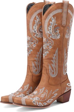 Generic Womens Square Toe PU Leather Long Boots Block Heel Knee High Boots with Side Zipper Pull on Western Cowboy Boots,Brown,7.5 UK