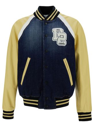 Dsquared2 College Yellow And Blue Varsity Jacket With Logo Patch And Contrasting Sleeves In Stretch Cotton Man