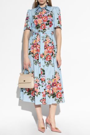 Dolce & Gabbana Cotton Dress With Floral Motif, Womens, Blue