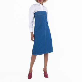 Ferragamo Strapless Cotton Denim Midi Dress, Brand Size 44 ( US Size 10 )