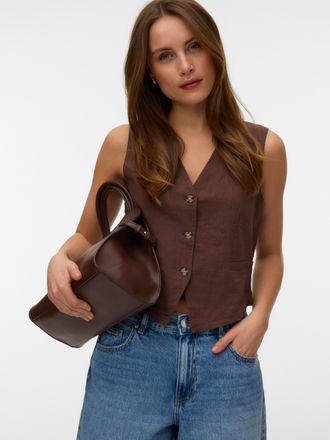 Vero Moda Kurzweste VERO MODA VMCAIA SL VEST WVN NOOS, Damen, Gr. XL, chocolate martini, Web, Obermaterial: 90% Baumwolle, 10% Leinen, unifarben, normal, V-Auss