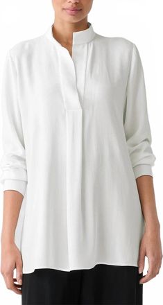 Eileen Fisher Silk Georgette Stand Collar Tunic In Ivory