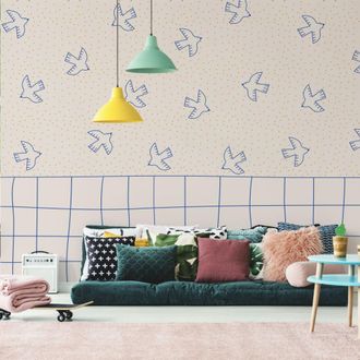 Acte D&eacute;co Papel pintado panor&aacute;mico con z&oacute;calo y p&aacute;jaro beige 375x250cm