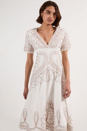 Karen Millen Womens Cotton Linen Cornelli Embroidery Open Back Woven Midi Dress - White - Size 12 UK