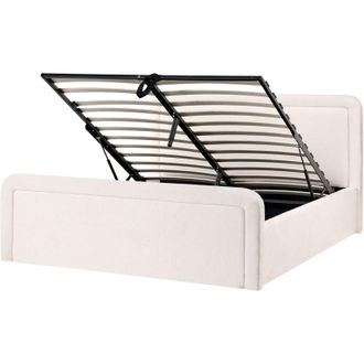 Beliani Ottoman Bed Off-White Fabric Upholstery EU King Size Headboard Lift-Up Storage Function Scandi VIVIERS