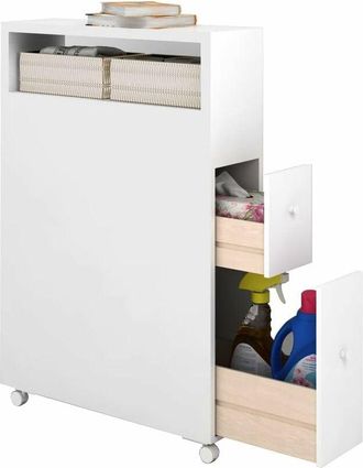 Costway Costway - Mueble Estrecho De Ba&ntilde;o Con Ruedas, Carro De Ba&ntilde;o, Cajones Hondos Y Extra&iacute;bles, Cestas De Mimbre Y Porta Escobilla, Armario Para Ba&ntilde;o, 50 X 