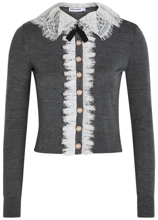Self Portrait Lace-trim Wool Cardigan - Grey - S (UK8-10 / S)
