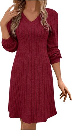 Generic Sexy V Neck Fall Dresses for Women UK Winter Knitted Dresses Bodycon Fishtail Long Dress Maxi Sweater Ladies Dresses Knitted Long Sleeve Knee Length W