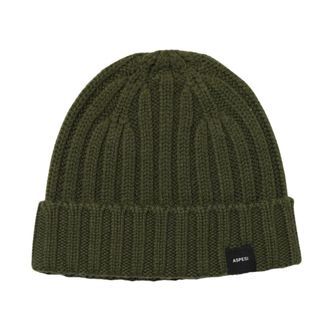 Aspesi Beanies, male, Green, Size: ONE SIZE Ribbed Knit Wool Beanie