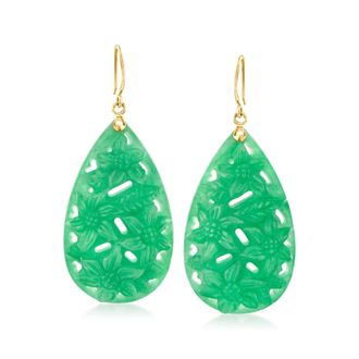 Ross-Simons Carved Jade Floral Drop Earrings With 14kt Yellow Gold
