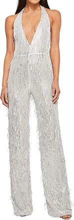 Generic Summer Clothing Women Jumpsuit Women Deep V Open Back Spicy Girl Sleeveless Tassel Hanging Neck Sequin Bodysuit Viscose Jumpsuit Women, White, M