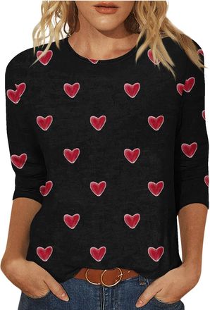 Generic 3/4 Sleeve Tops for Women UK Crew Neck Heart Graphic T Shirt Love Print Tshirts Valentines Day Outfits Ladies Casual Tee Shirts Blouses Valentines Day