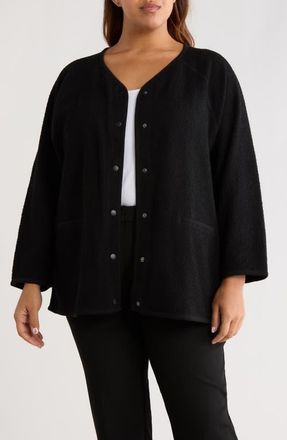 Eileen Fisher V-Neck Snap Front Boucl&eacute; Jacket in Black at Nordstrom, Size 1 X