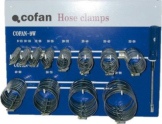 cofan Cofan - Panel Con Abrazaderas, Expositor Para 120 Abrazaderas + Destornillador Flexible. Fleje 9 Mm Y 12 Mm. Medidas De 8-12 Hasta 70-90. Tambi&eacute;n Tien