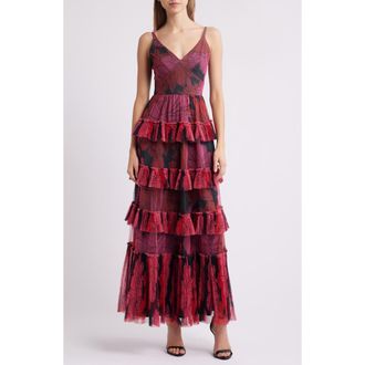 Hutch Freya Tulle Pliss&eacute; Ruffle Gown in Pink Floral at Nordstrom, Size 12