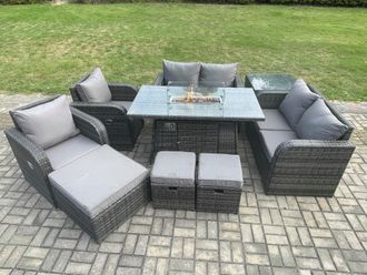 Fimous 9 Seater Rattan Garden Furniture Set Propane Gas Fire Pit Table & Sofa Chair set with 3 Footstool Side Table in Dark Grey