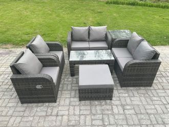 Fimous Rattan Garden Furniture Set with Rectangular Coffee Table Side Table Big Footstool 7 Seater Patio Outdoor Lounge Sofa Set in Dark Grey