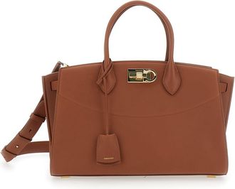 Ferragamo Brown Handbag With Adjustable And Removable Shoulder Strap And Gancini Turn-lock Closure In Grained Leather Woman