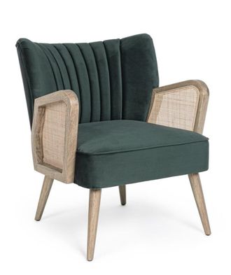 Konte Design Sill&oacute;n de tela efecto terciopelo verde, patas y reposabrazos de madera
