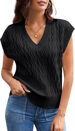 Grace Karin Sweater Tank Tops for Women Autumn V Neck Pullover Sleeveless Folded Texture Black S