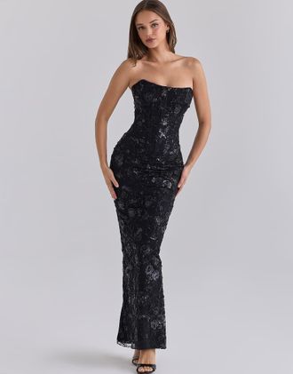 House of CB Anisa abito maxi nero senza spalline con perline applicate a mano