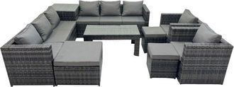 Fimous Fimous Garden Rattan Outdoor Furniture Set 11 Seater Patio Corner Sofa Oblong Coffee Table with Chair 3 Stools Side Table Dark Grey