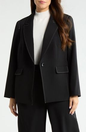 Tahari by ASL Topstitch Detail One-Button Blazer in Black White at Nordstrom, Size 14W
