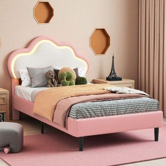 OEM Cama Infantil - 90x200 Cm - Cabecera Nube Led - Madera De Pino Natural - Cuero Rosa Y Blanco