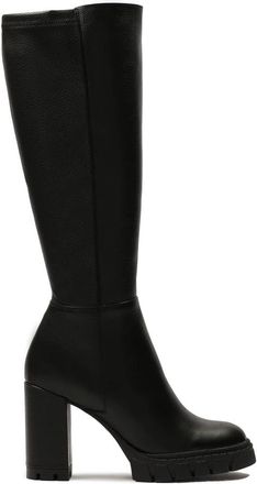 Kazar Zwarte leren laarzen met comfortabele brede hak - Dames - Laarzen met Hak - Zwart - 40 EU - Leer - Schoenen