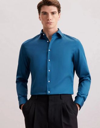 Seidensticker Seidensticker Mens Shaped Fit Easy Iron New Kent Business Shirt Dark Teal - Green - Size: 48/Regular