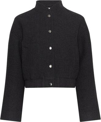 Moss Copenhagen Minimalistische Donkergrijze Jas met Mandarin Kraag - Dames - Zomerjassen - Grijs - Xs/S - Wol - Jassen