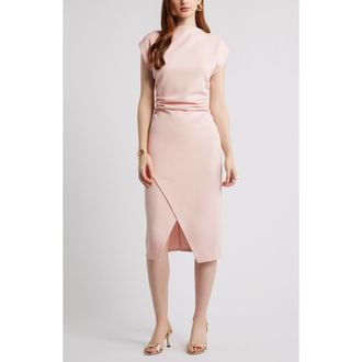 Nordstrom Ruched Funnel Neck Midi Dress in Pink Wisp at Nordstrom, Size Large