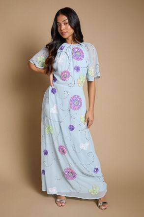 Oasis Womens Petite Angel Sleeve Statement Embellished Maxi Dress - Light Blue - Size 10 UK