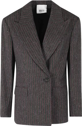 Erika Cavallini Semi Couture Gray Red Pinstripe Fiore Double-Breasted Wool-Blend Blazer
