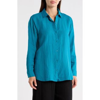 Eileen Fisher Classic Collar Organic Linen Long Button-Up Shirt in Dragonfly at Nordstrom Rack, Size X-Small