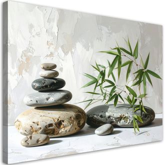 Feeby Cuadro En Lienzo, Piedras Zen Spa Bamb&uacute; Sobre Fondo Gris, 120x80