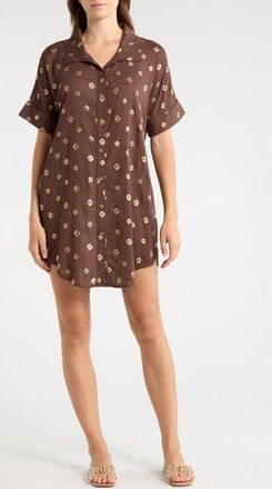 Elan Metallic Dot Cover-Up Shirtdress in Brown Polka at Nordstrom, Size X-Large