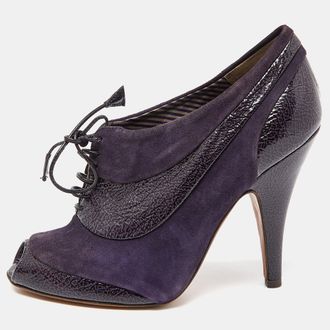 Moschino Purple Suede And Textured Leather Lace Up Peep Toe Ankle Booties