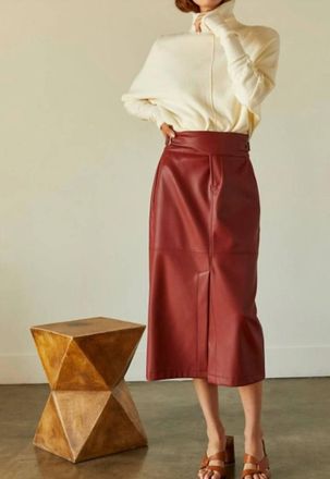 Crescent Natalie Vegan Pu Midi Skirt With Side Buckle In Brick