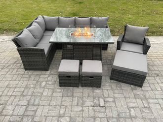 Fimous 10 Seater Outdoor Rattan Garden Furniture Set Corner Sofa Gas Fire Pit Dining Table Sets with 3 Footstools Armchair Dark Grey Mixed
