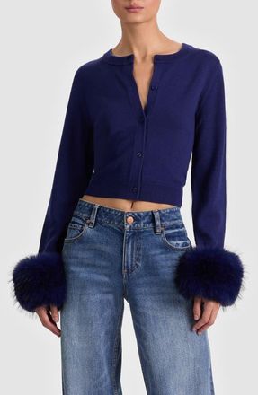 Alice & Olivia Dollie Faux Fur Cuff Wool Cardigan in Midnight Blue at Nordstrom, Size Large